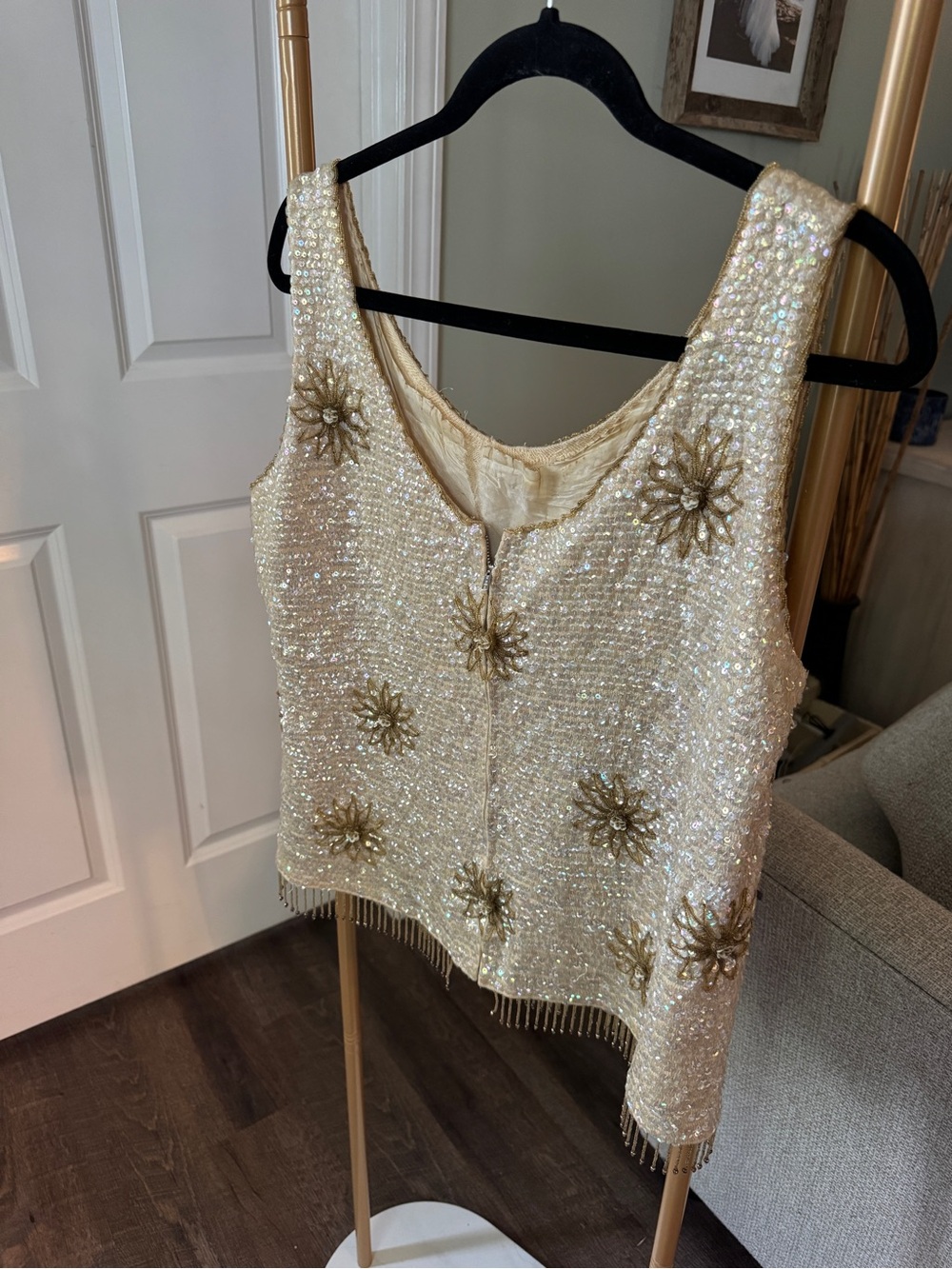 Vintage Ivory Sequin Beaded Women’s Tank Top
